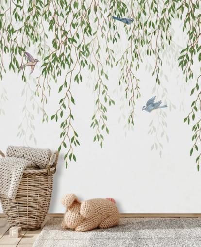 witte en groene aanpasbare chinoiserie behangmuurschildering genaamd Chinoiserie Chandelier voor slaapkamers