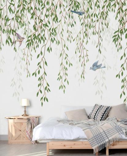 white and green customizable chinoiserie wallpaper mural called Chinoiserie Chandelier for bedrooms