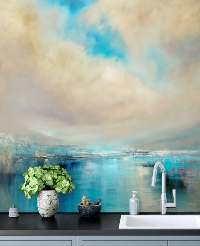 pittura astratta blu, bianca e nera di carta da parati paesaggio