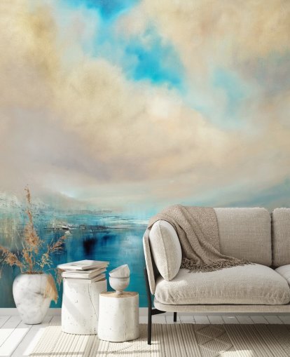 blauw, wit en zwart abstract schilderij van landschapsbehang