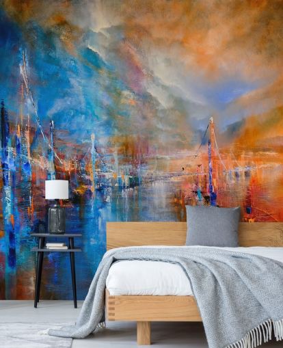 multicoloured abstract painting of a river by a city wallpaper