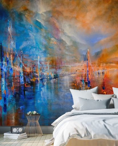 pintura abstracta multicolor de un río junto a una ciudad papel pintado