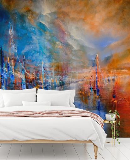 pintura abstracta multicolor de un río junto a una ciudad papel pintado