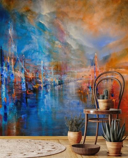 pintura abstracta multicolor de un río junto a una ciudad papel pintado
