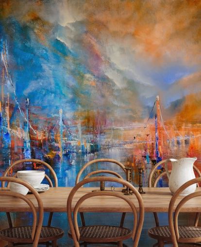 pintura abstracta multicolor de un río junto a una ciudad papel pintado