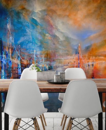 multicoloured abstract painting of a river by a city wallpaper