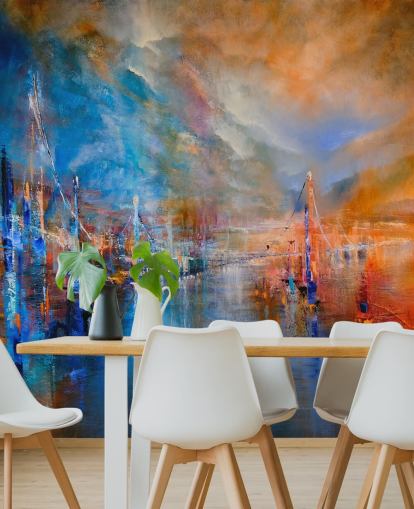 pintura abstrata multicolorida de um rio por um papel de parede da cidade