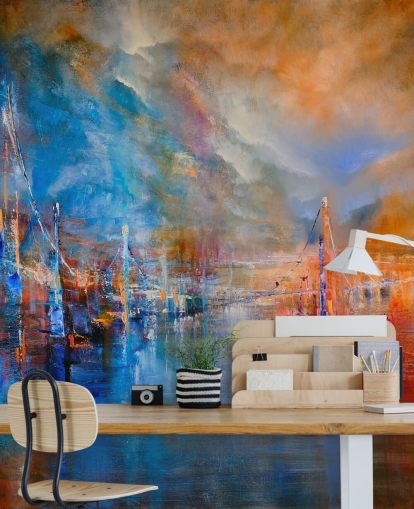 multicoloured abstract painting of a river by a city wallpaper