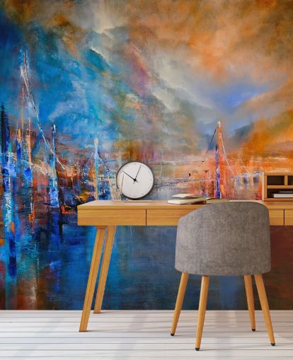 pintura abstrata multicolorida de um rio por um papel de parede da cidade
