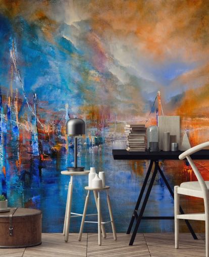 multicoloured abstract painting of a river by a city wallpaper multicoloured abstract painting of a river by a city wallpaper