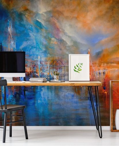 multicoloured abstract painting of a river by a city wallpaper