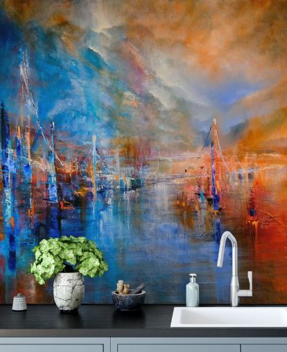 dipinto astratto multicolore di un fiume da una carta da parati città