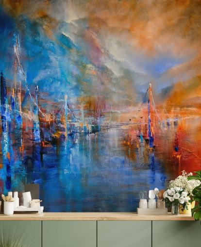 dipinto astratto multicolore di un fiume da una carta da parati città