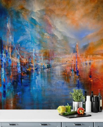 peinture abstraite multicolore d'une rivière par une ville papier peint peinture abstraite multicolore d'une rivière par une ville papier peint