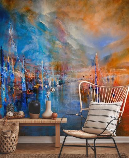 pintura abstracta multicolor de un río junto a una ciudad papel pintado pintura abstracta multicolor de un río junto a una ciudad papel pintado