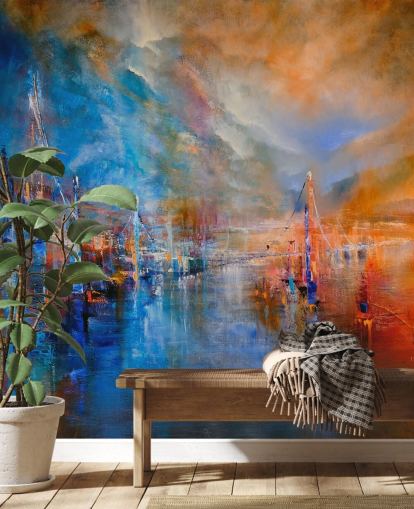 veelkleurig abstract schilderij van een rivier door een stadsbehang veelkleurig abstract schilderij van een rivier door een stadsbehang