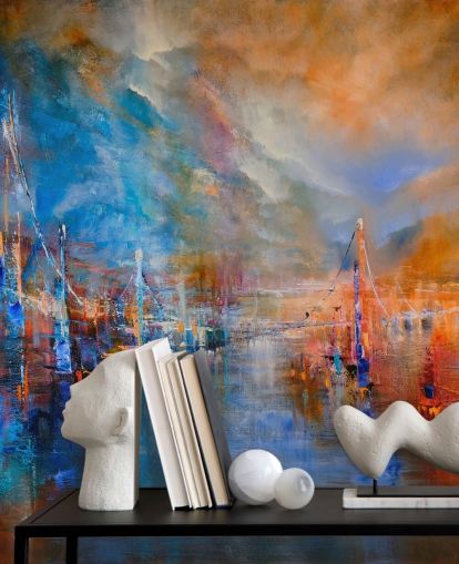 veelkleurig abstract schilderij van een rivier door een stadsbehang veelkleurig abstract schilderij van een rivier door een stadsbehang