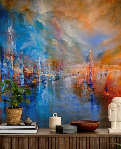 pintura abstracta multicolor de un río junto a una ciudad papel pintado