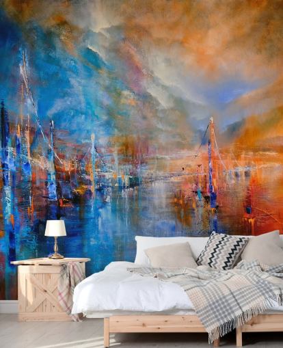 pintura abstracta multicolor de un río junto a una ciudad papel pintado