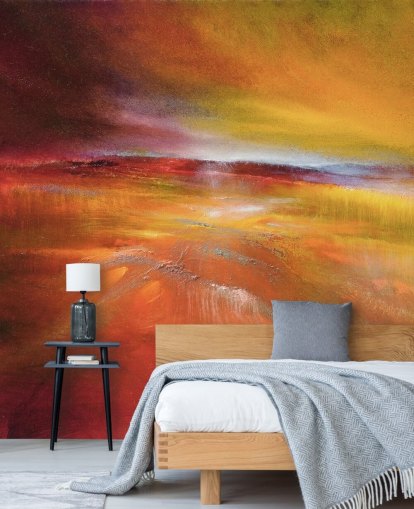 abstract oranje, rood en geel landschapsschilderij behang