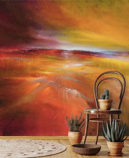 papel pintado abstracto de pintura de paisaje naranja, rojo y amarillo