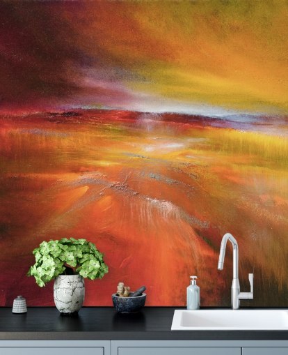 abstract oranje, rood en geel landschapsschilderij behang