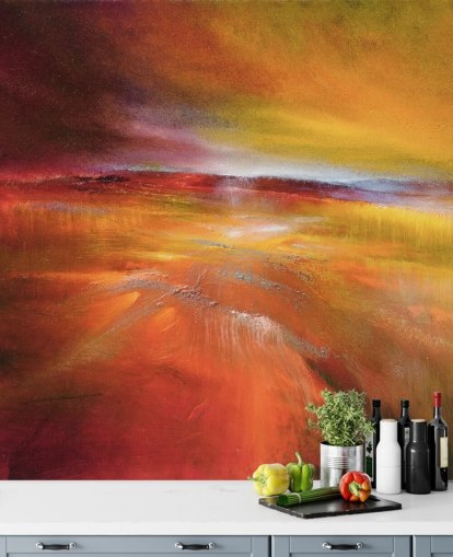 abstract oranje, rood en geel landschapsschilderij behang abstract oranje, rood en geel landschapsschilderij behang