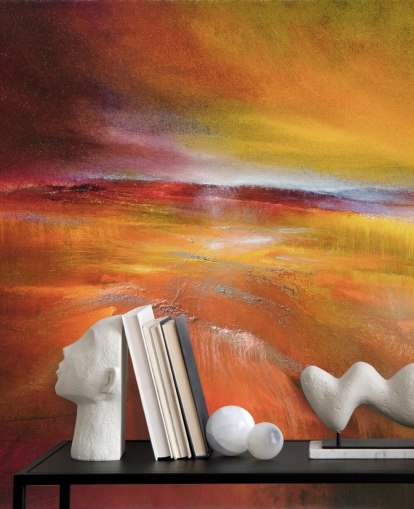 papier peint abstrait peinture de paysage orange, rouge et jaune