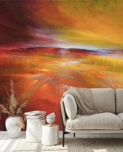 abstract oranje, rood en geel landschapsschilderij behang abstract oranje, rood en geel landschapsschilderij behang