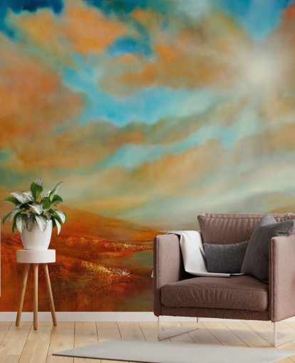 oranje heuvels en oranje wolken behang