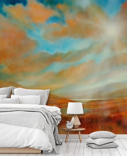 oranje heuvels en oranje wolken behang