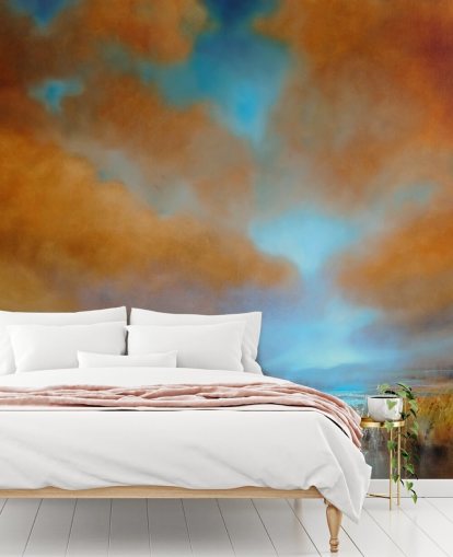 orange und blauer bewölkter Himmel über Heide-Tapete