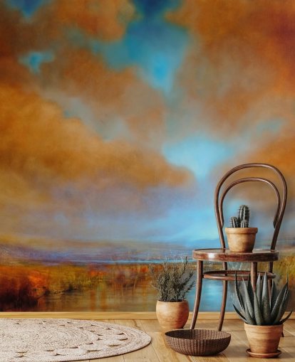 orange och blå molnig himmel över heathland tapet