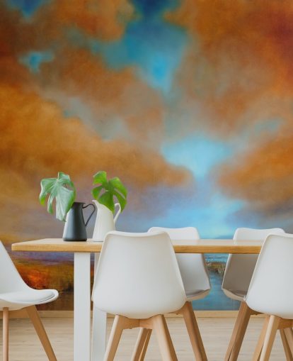 oranje en blauwe bewolkte lucht boven heidebehang oranje en blauwe bewolkte lucht boven heidebehang