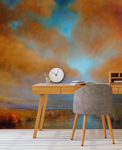 oranje en blauwe bewolkte lucht boven heidebehang oranje en blauwe bewolkte lucht boven heidebehang