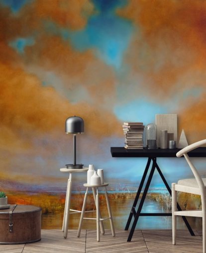 orange and blue cloudy sky over heathland wallpaper