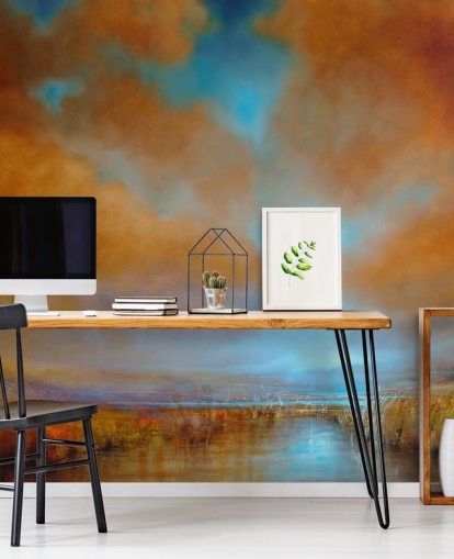 oranje en blauwe bewolkte lucht boven heidebehang oranje en blauwe bewolkte lucht boven heidebehang