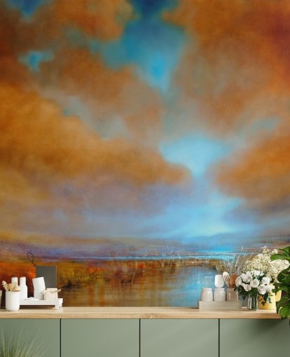 orange und blauer bewölkter Himmel über Heide-Tapete