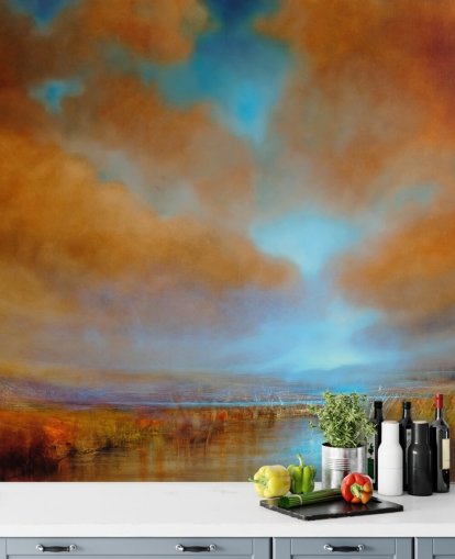 orange og blå overskyet himmel over heathland tapet