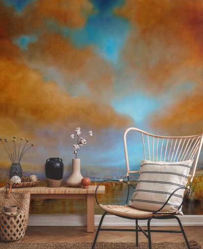 orange and blue cloudy sky over heathland wallpaper