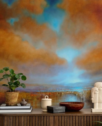 oransje og blå overskyet himmel over heathland tapet