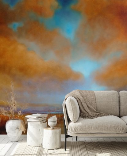 orange und blauer bewölkter Himmel über Heide-Tapete