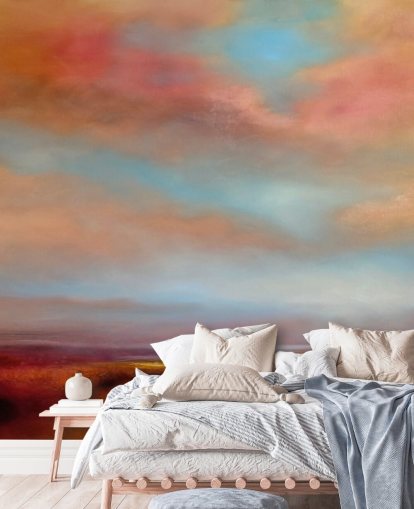 nubes naranjas y rojas entre el cielo azul sobre papel pintado de pintura de brezales rosa nubes naranjas y rojas entre el cielo azul sobre papel pintado de pintura de brezales rosa