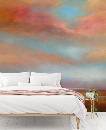 orange and red clouds amongst blue sky over pink heathland painting wallpaper
