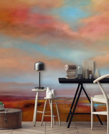 orange and red clouds amongst blue sky over pink heathland painting wallpaper
