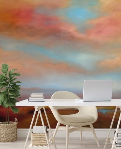 nuvens laranja e vermelhas entre o céu azul sobre o papel de parede da pintura rosa da charneca nuvens laranja e vermelhas entre o céu azul sobre o papel de parede da pintura rosa da charneca