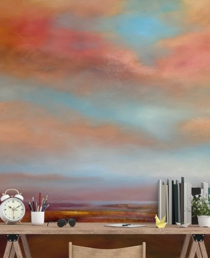 orange and red clouds amongst blue sky over pink heathland painting wallpaper orange and red clouds amongst blue sky over pink heathland painting wallpaper
