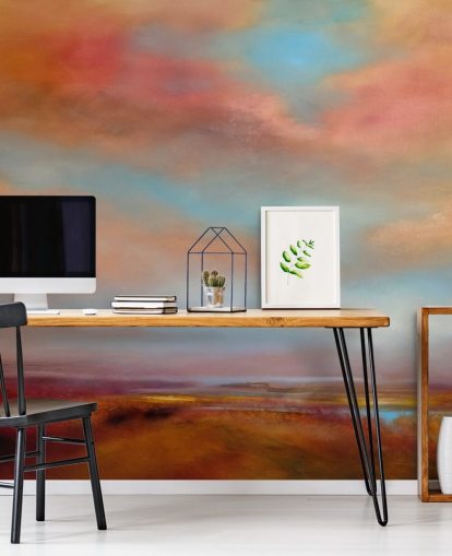 orange and red clouds amongst blue sky over pink heathland painting wallpaper