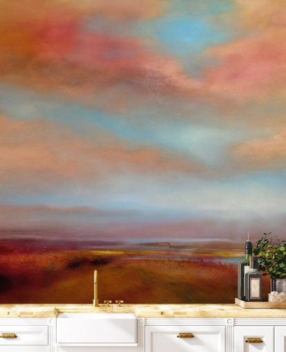oranje en rode wolken tussen blauwe lucht over roze heide schilderij behang oranje en rode wolken tussen blauwe lucht over roze heide schilderij behang