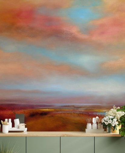 orange and red clouds amongst blue sky over pink heathland painting wallpaper